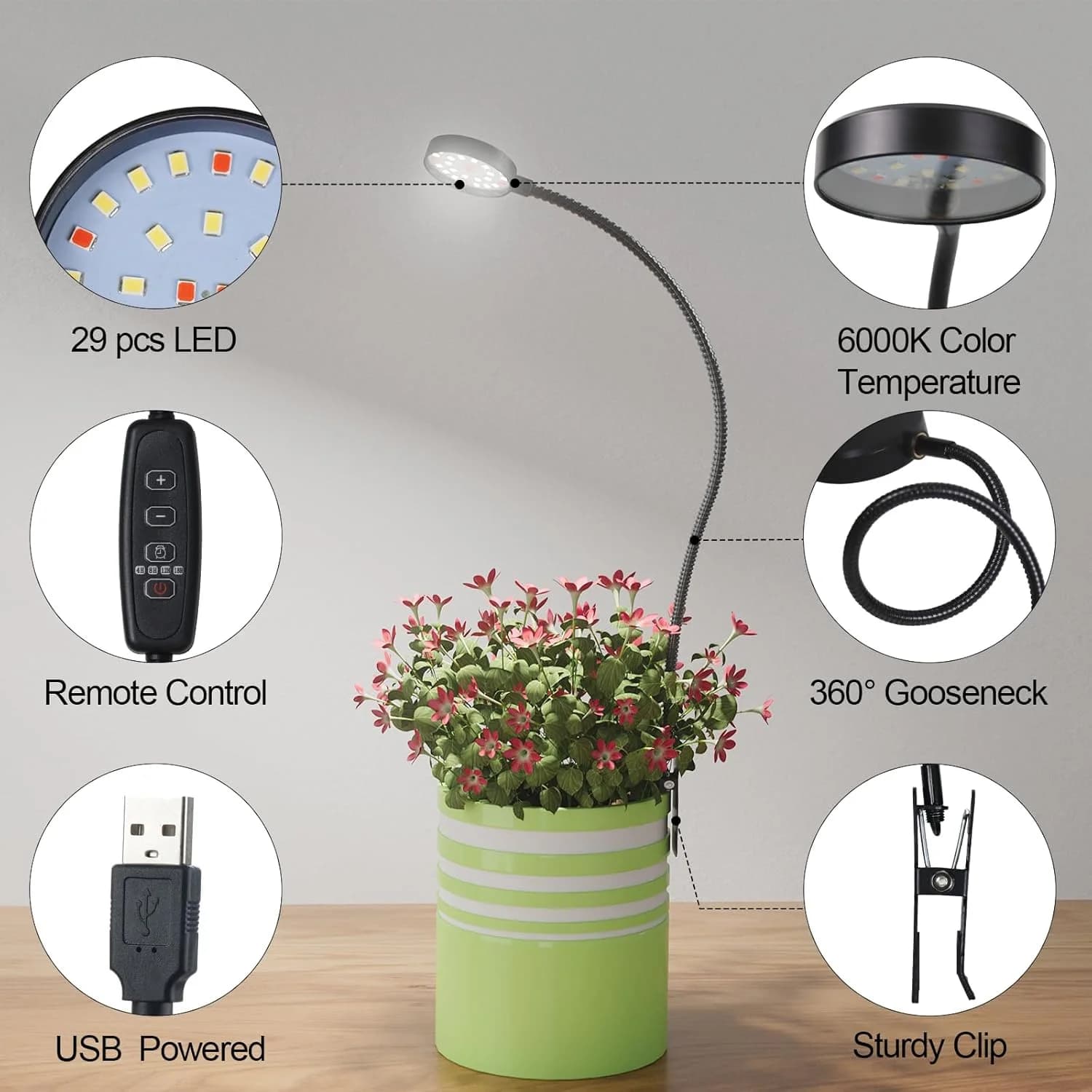 USB LED Grow Light 6000K Full Spectrum Pot Plant Light 5V Gooseneck Clip-on Plant Lamp With Dimmable Auto ON/Off 4/8/12/18Hours