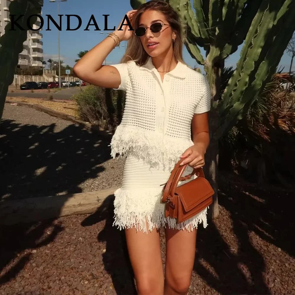 KONDALA 2026 Spring Summer Elegant Knitted Tassel Solid Women Suit Turndown Collar Hollow Out Shirt Elastic Wasit Mini Skirt