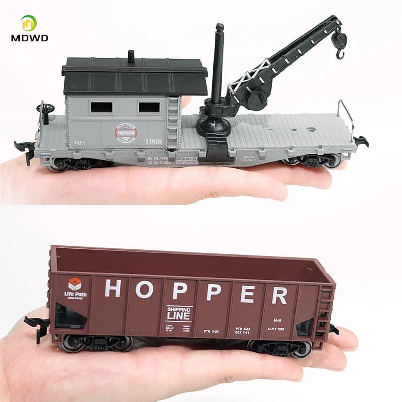 A set of HO scale 1:87 caboose, crane, coal carrier, box car model railway parts, non-toy