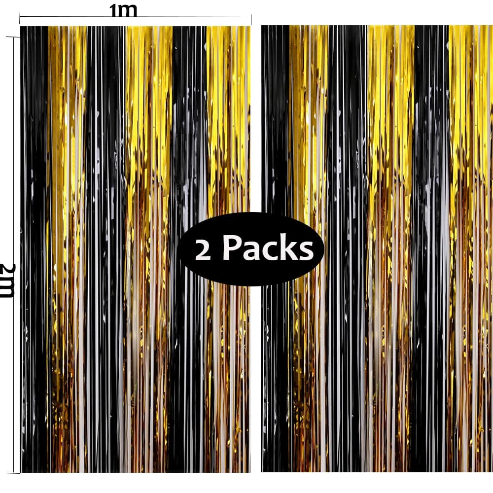 2Pack Black Gold Party Backdrop Foil Curtains Graduation 2026 Metal Foil Tinsel Fringe Curtain Wedding Birthday Party Decor