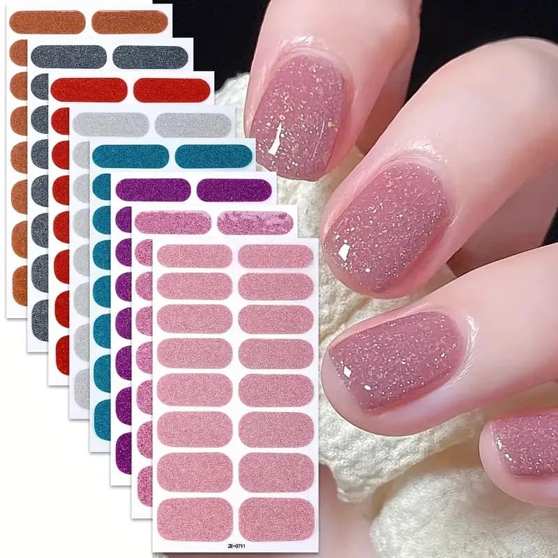 8 Sheets of Full-Wrap Nail Polish Strips, Pink Glitter Self-Adhesive Gel Nail Stickers, Suitable for Women's DIY Home Use Nail Art Supplies and Nail