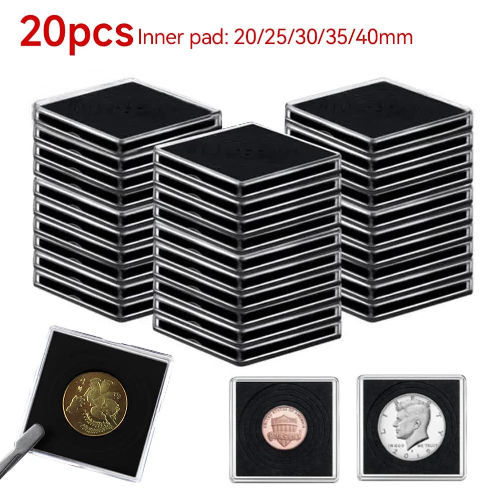 20PCS Plastic Square Coin Holder Capsules Container Coin Transparent Gaine Small Round Coin Protection Box Display 20mm-40mm