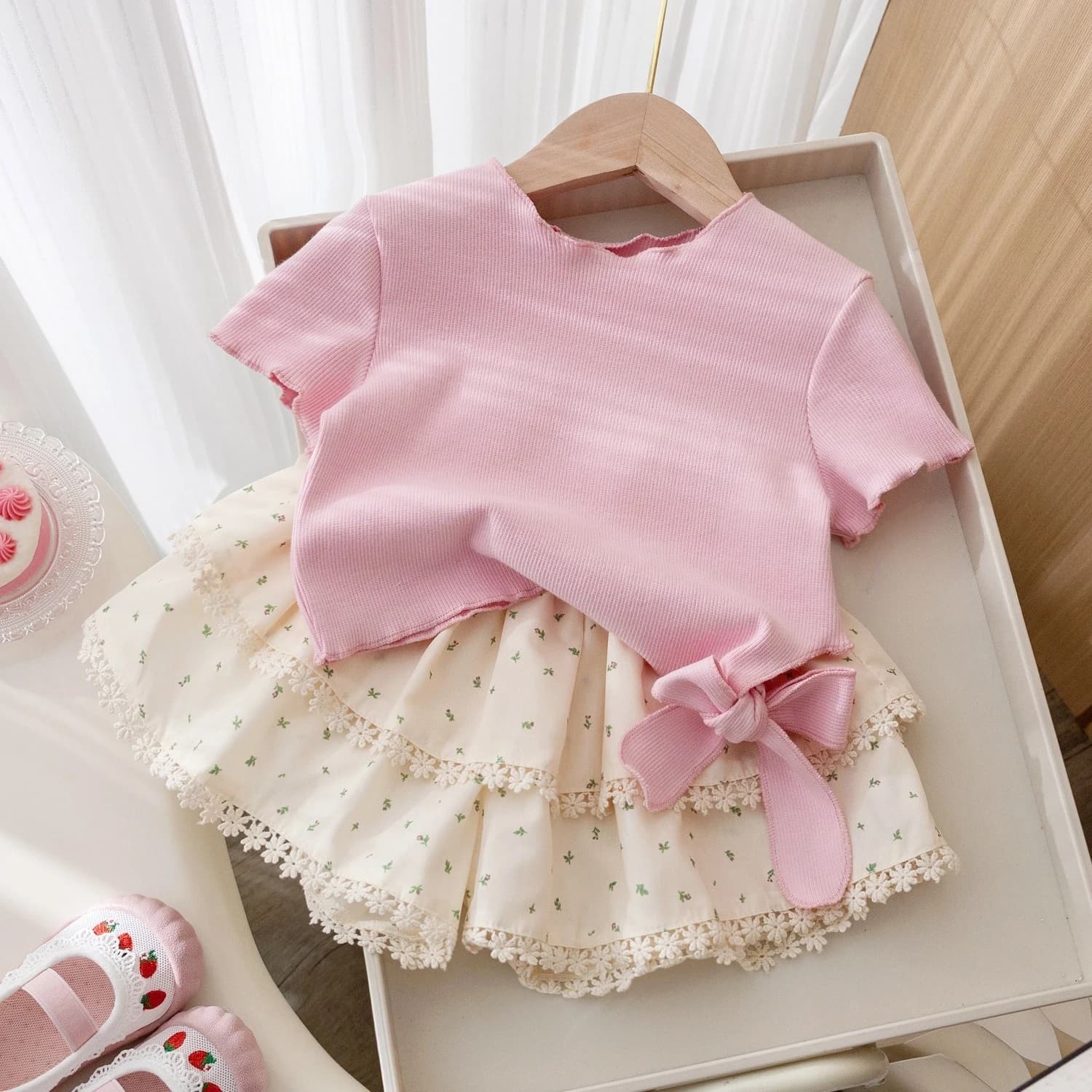 Korean Style Baby Girls Clothes Set 2025 Summer Bow Short Sleeve T-shirt+Lace Floral Pants Skirt Kids 2Pcs Suit Children Outfit