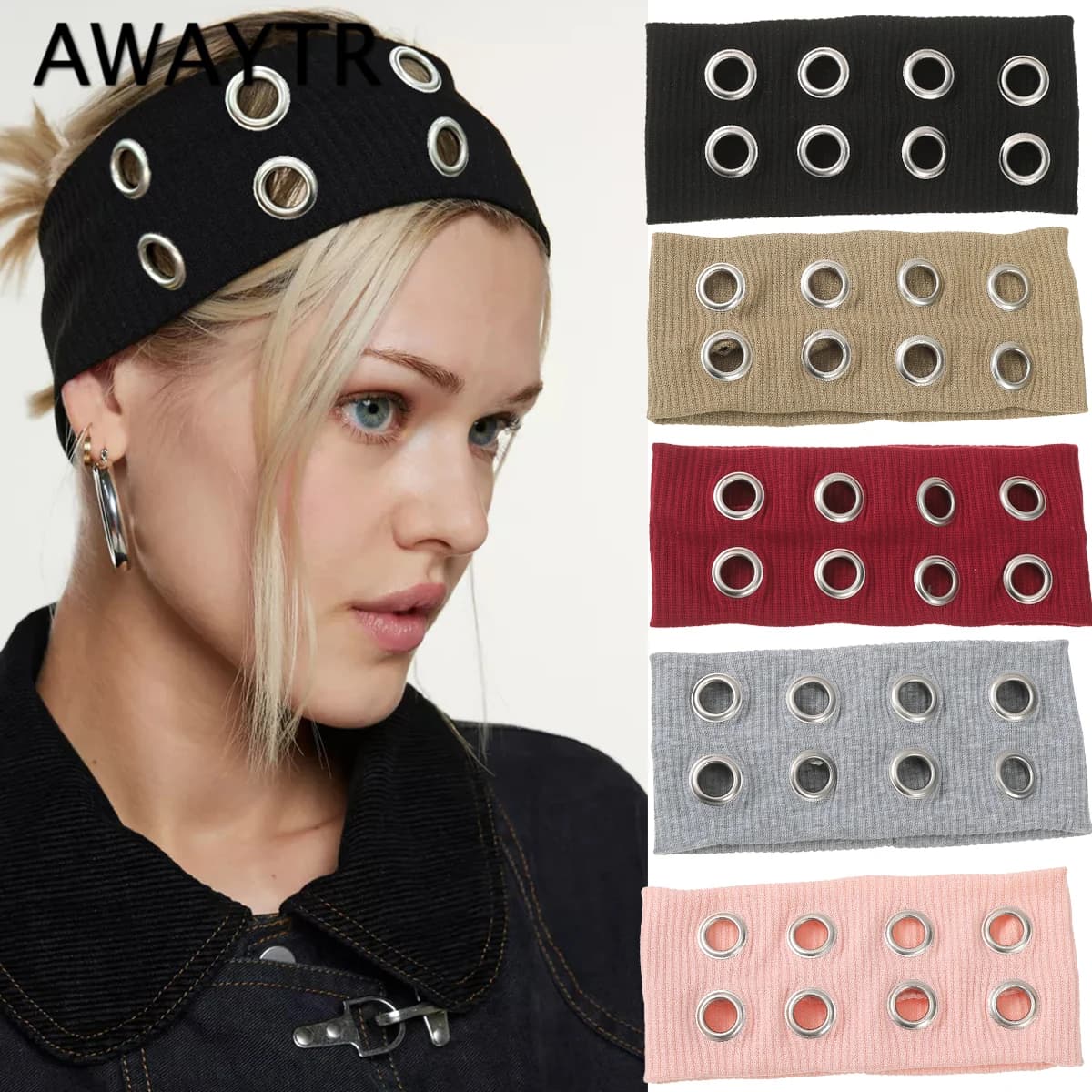 AWAYTR Punk Girl Fabric Hollow Elastic Headbands Metal Rock Personalized Hollow Eyelets Hair Band Casual Sports Grommet Headband