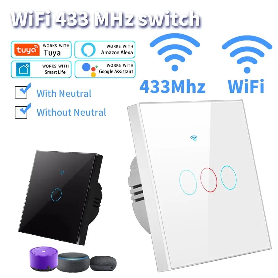 Works With Tuya WiFi Smart Switch Alexa No Neutral Wire Wireless RF433Mhz Remote Wall Touch Sensor Lightes Switch 1/2/3Gang