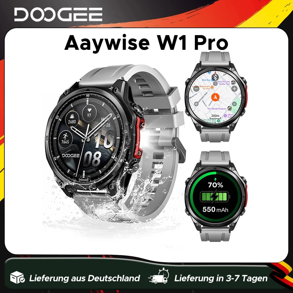 DOOGEE ANYWISE W1 PRO Smartwatch 5ATM Water Resistance Offline Map Dual-Band GPS Health Monitoring Reminder Function Local Music