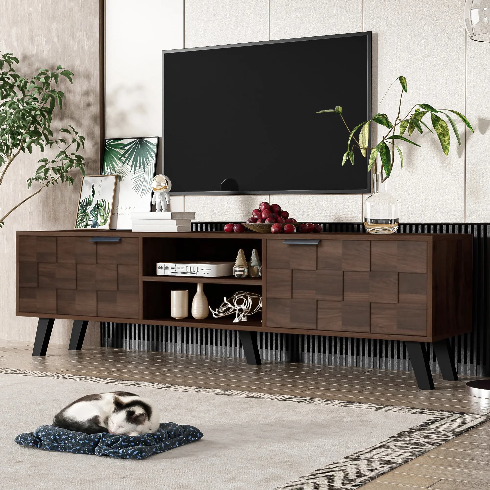 Living room cabinet 2 doors and 2 open compartments, featuring dark wood texture - 160.5 x 35.5 x 45 cm Modern TV cabinet