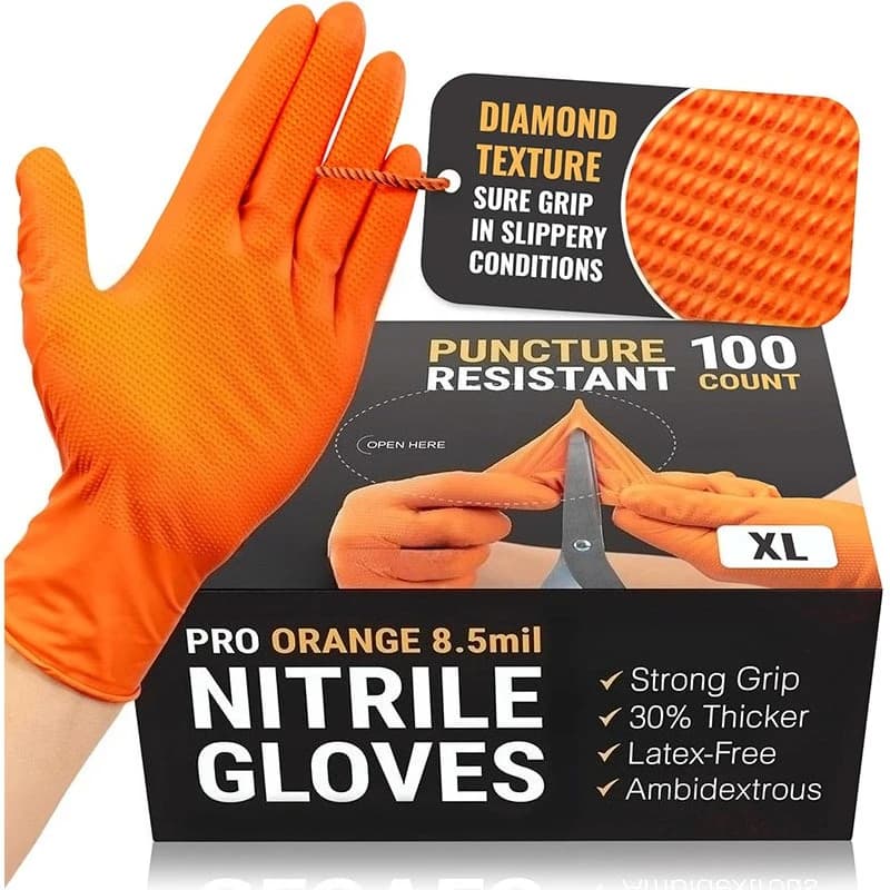 Heavy Orange Disposable Nitrile Extra Thick Gloves 8.5 Mil -Powder-Free Puncture-Resistant Protection-Diamond-Texture Work Glove