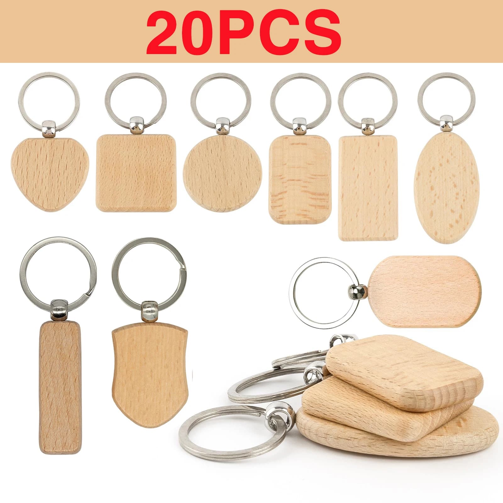 10Pcs 9 Styles Mixed Blank Wooden Keychain Rectangular Round Heart Shape Wood Key Chain Key Ring