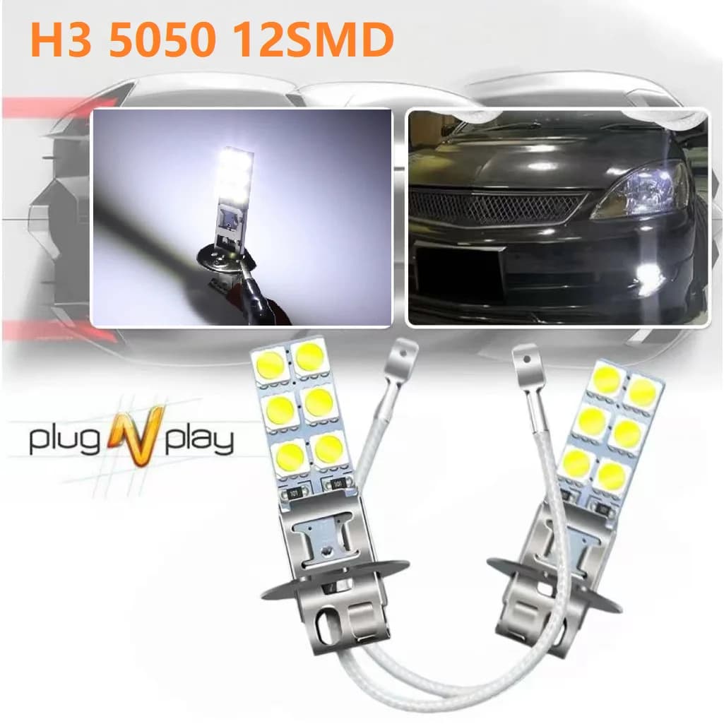 Set of 2 H3 LED Fog Lights for Cars, Featuring 5050-12SMD, 55W, 6000K, 12V AC, Designed to Combat Fog with Superior Penetration