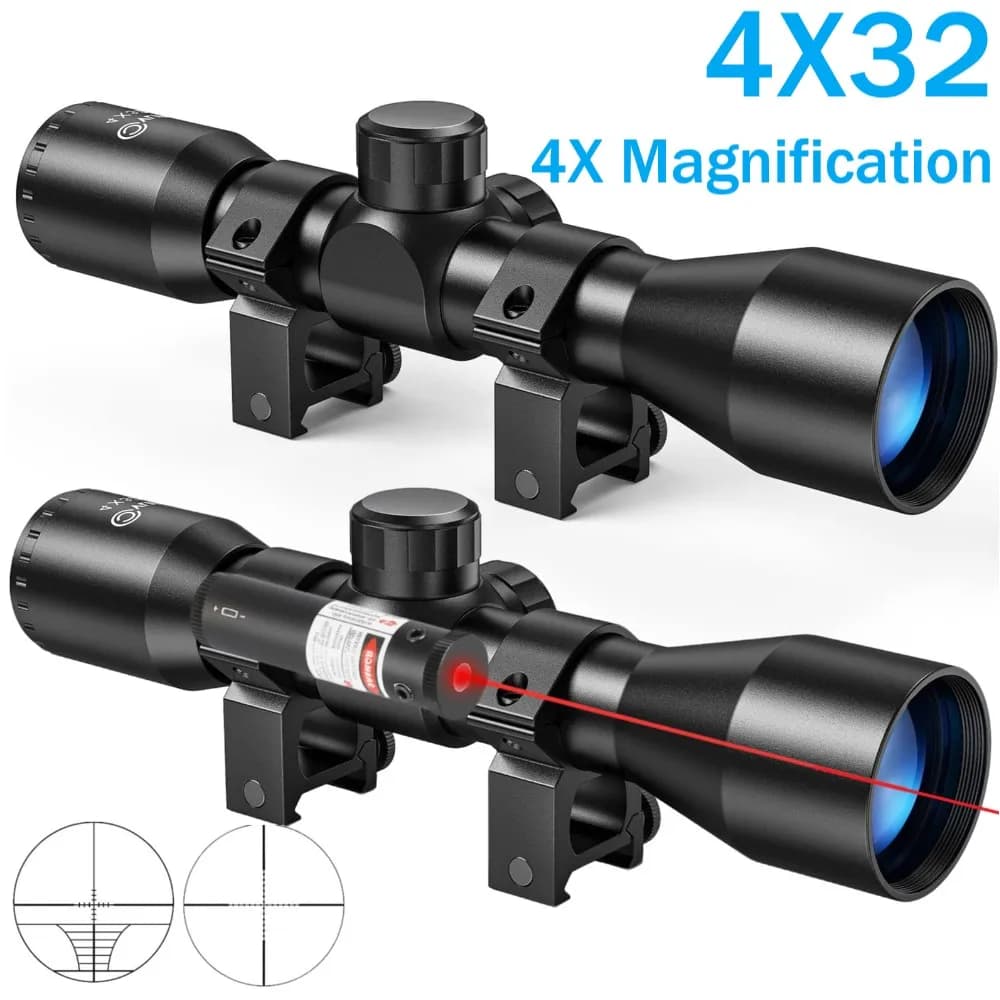 4X32 Compact Rifle Scope Red Dot Optics Hunting Scope Reticle Riflescope with Red Laser Sight 11/20mm Rail Ring Mounts Air Rifle