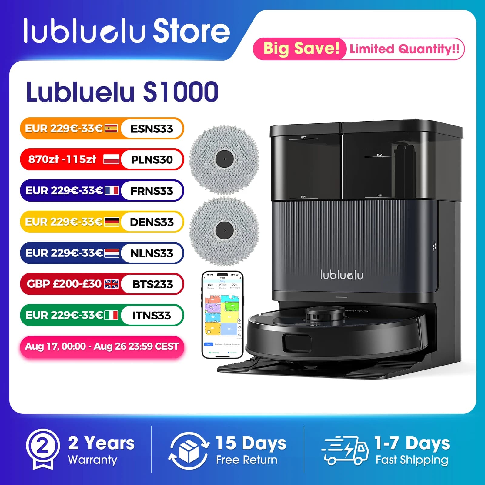 Lubluelu S1000 Robot Vacuum Mop with All-in-One Self-Clean Base - Auto Empty/Wash/Dry Mop Hands-Free 11000Pa 180min Runtime