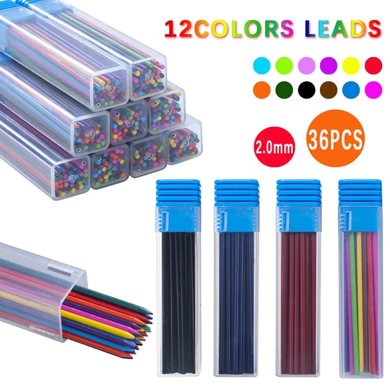 36Pcs/Box Creative 2.0MM Multicolor Mechanical Pencil Lead 36pcs Replaceable Lead Drawing Automatic Pencil Writing Accessories