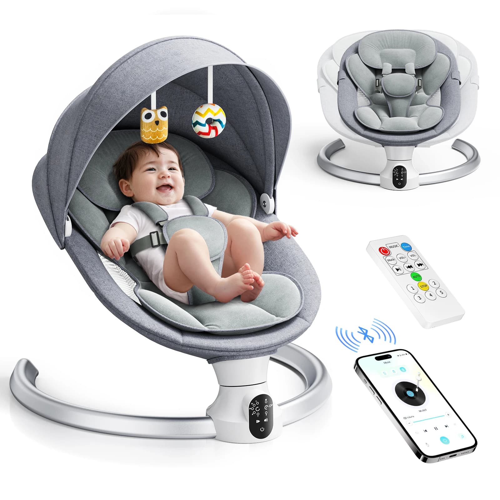 Bluetooth Baby Bouncer Chair,5-Point Dishwasher Electric Baby Shaker with 5 Speeds 3 Timer and 10 Music APP Remote Control