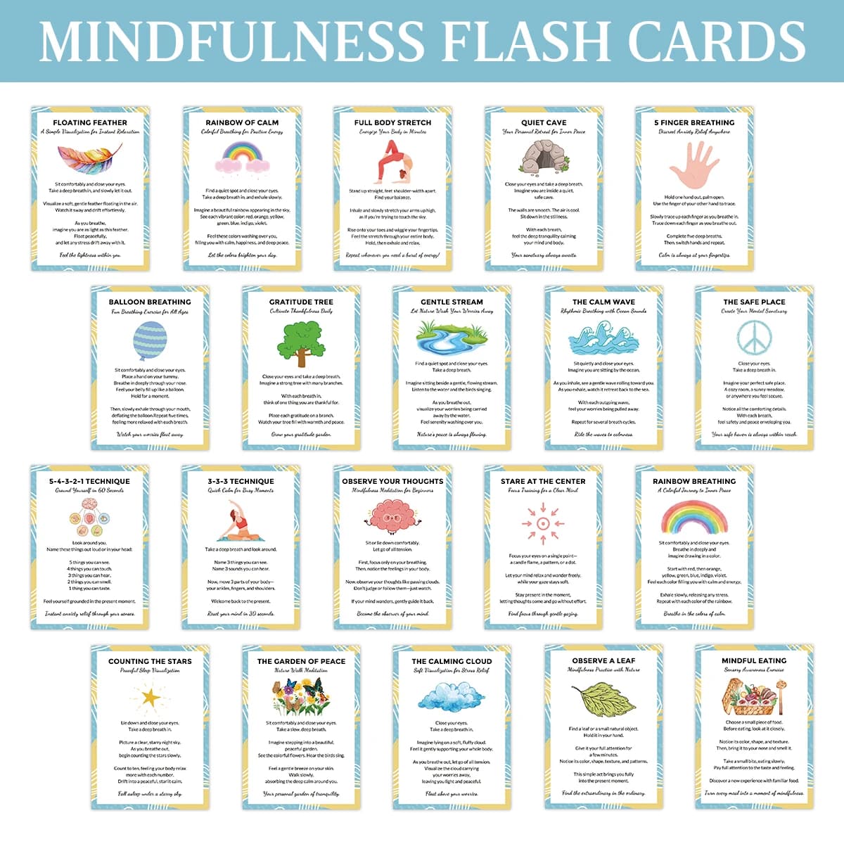20pcs Mindfulness Flash Cards-Colored Visualization&Grounding Exercises Illustrated,Portable Gift Card For Anxiety-Relief Prompt
