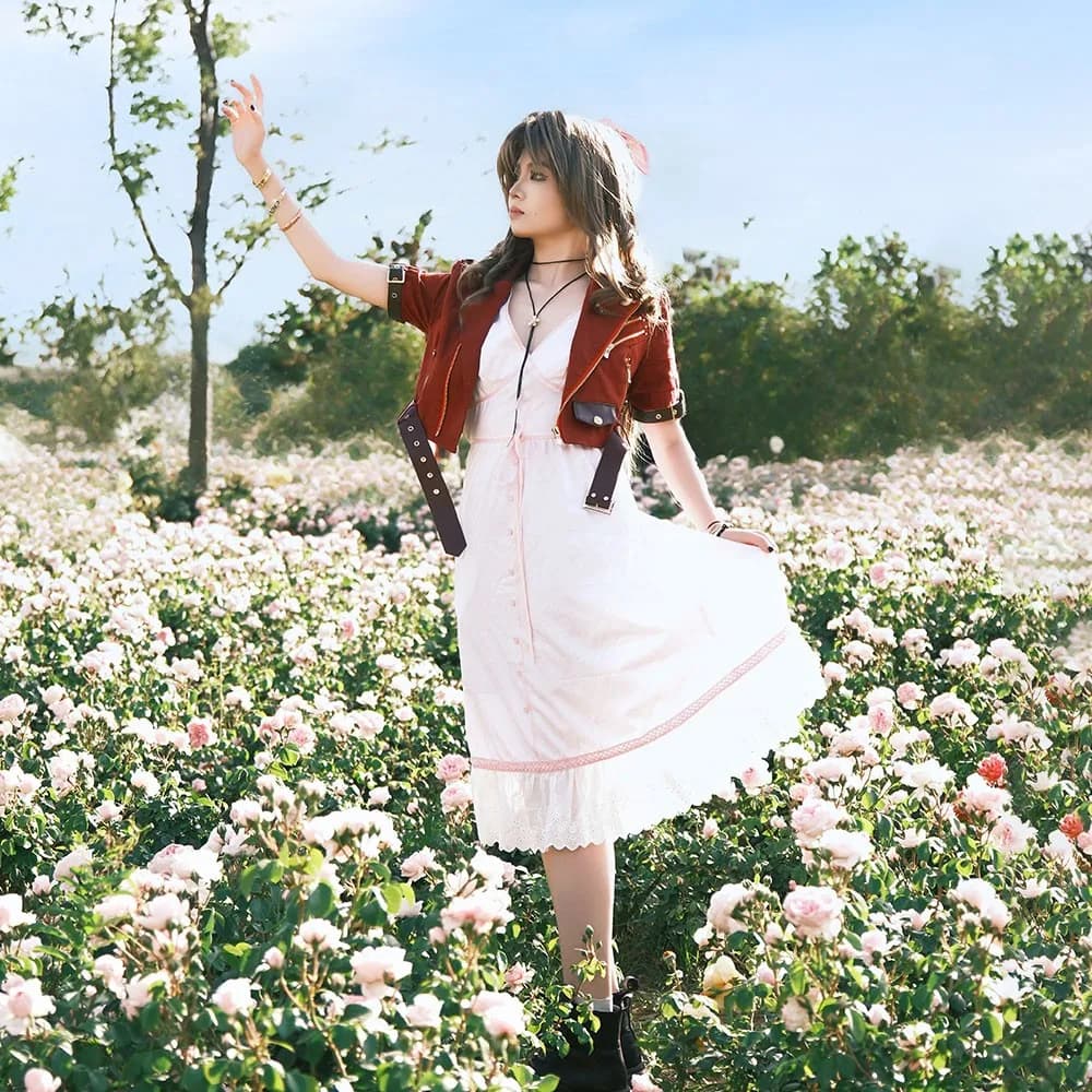 Fantasy VII Cosplay Game FF7 Aerith Gainsborough Cosplay Costume Aerith Coat and Dress Full Set Halloween Party Outfits