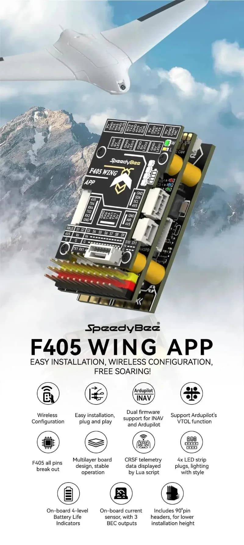 For SpeedyBee F405 WING APP Fixed Wing Flight Controller ICM42688P 2-6S for RC Fixed Wing Model Airplane