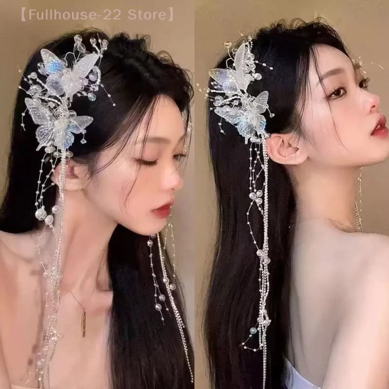 【MAX-22】Long Butterfly Beaded Tassel Hair Clip For Women Fairy Temperament Sweet Princess Hairpin Bride Hair Accessories