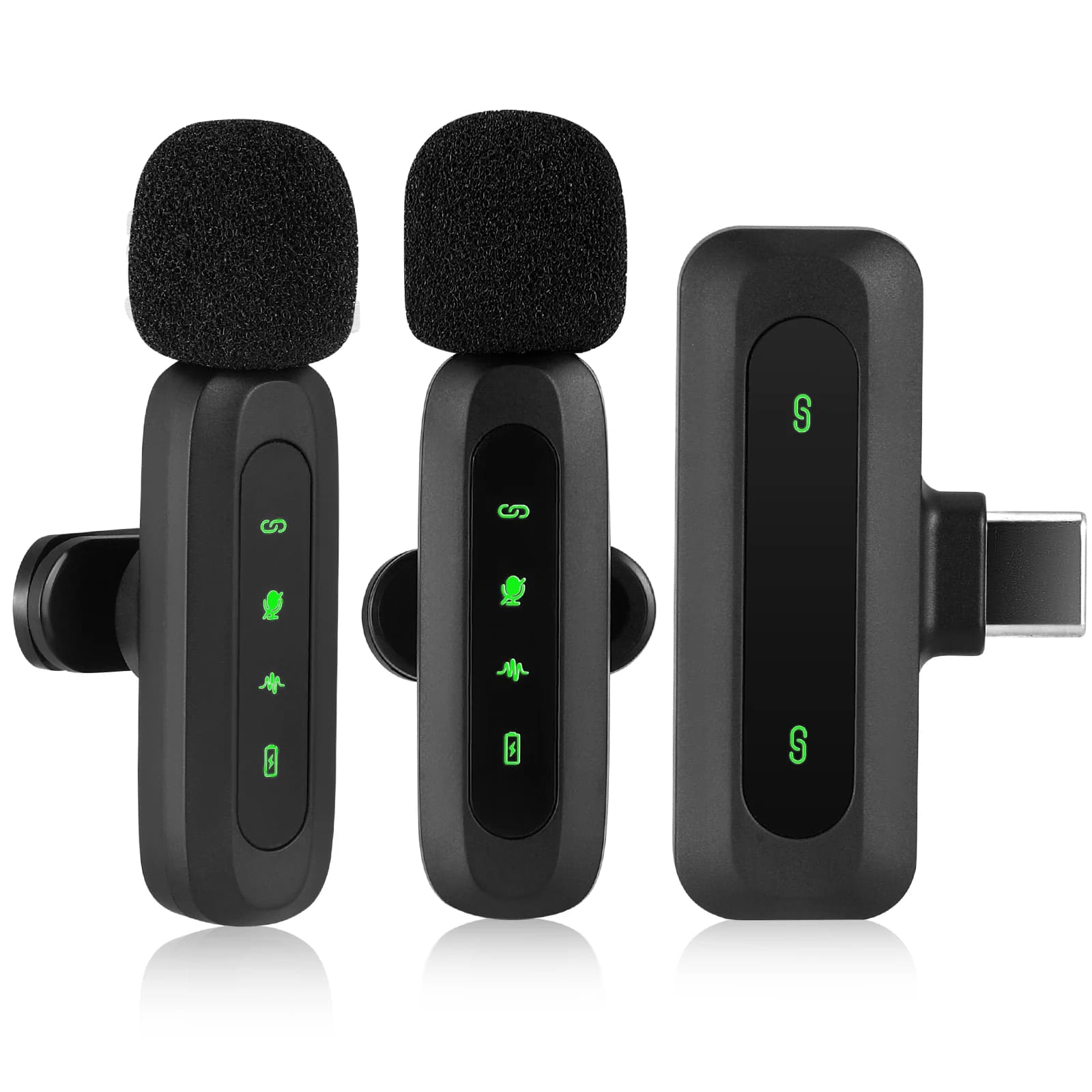 Trådlös mygga - Lavaliermikrofon - Plug & Play för iPhone/Android - Lightning‑mottagare - Kondensator, inbyggt batteri - Dubbelt set - Svart