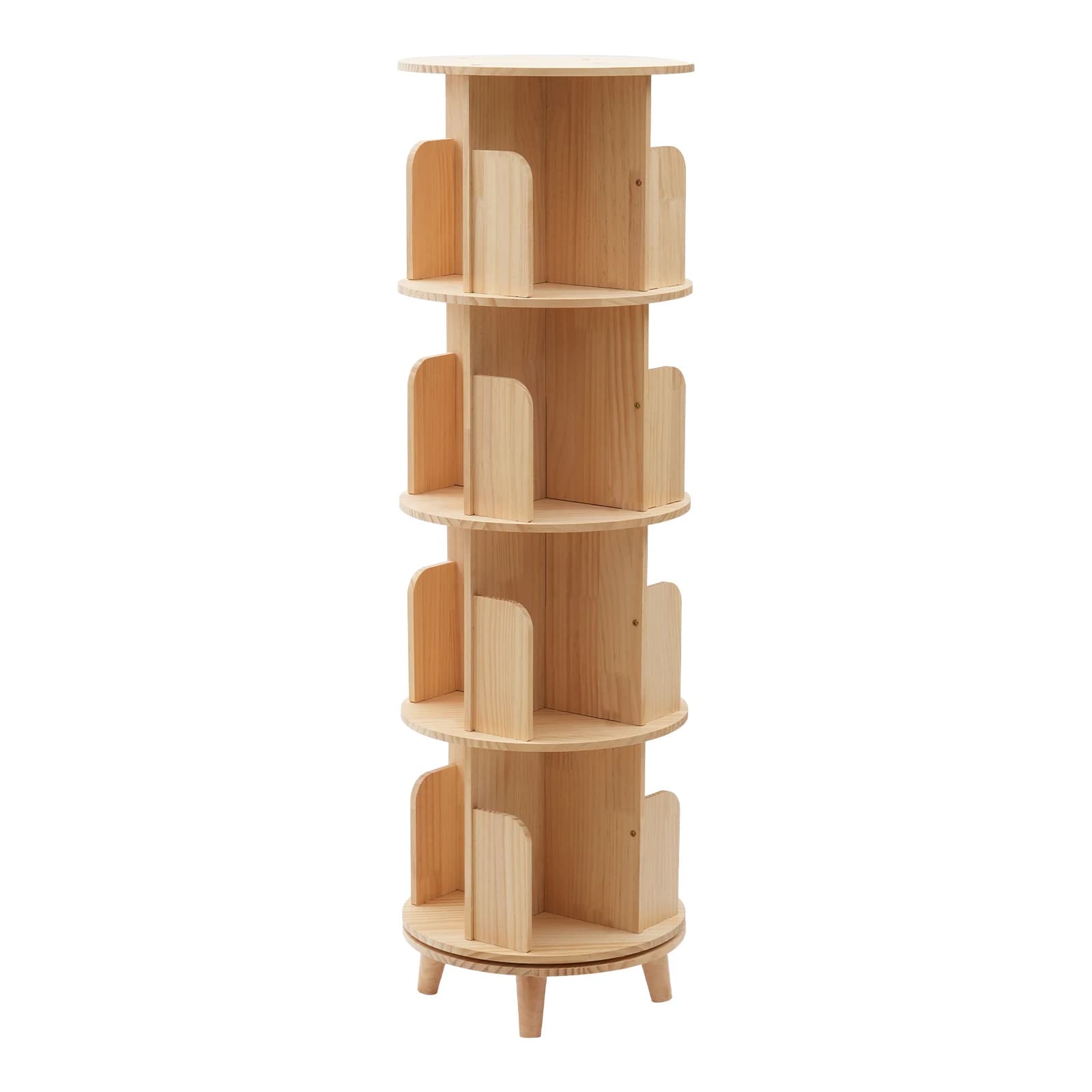 Roterbar bokhylla - Cylindrisk golvmodell - 4 Nivåer - 360° Rotation - Massiv furu - Hyllhöjd 31 cm - 50 kg per hyllplan