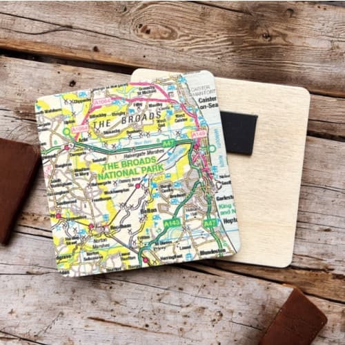 The OS Map Wooden Square Magnet - The Broads