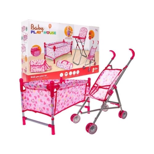 Tillbehörsset för babydockor 3+ Babyvård + Barnvagn + Matsto...