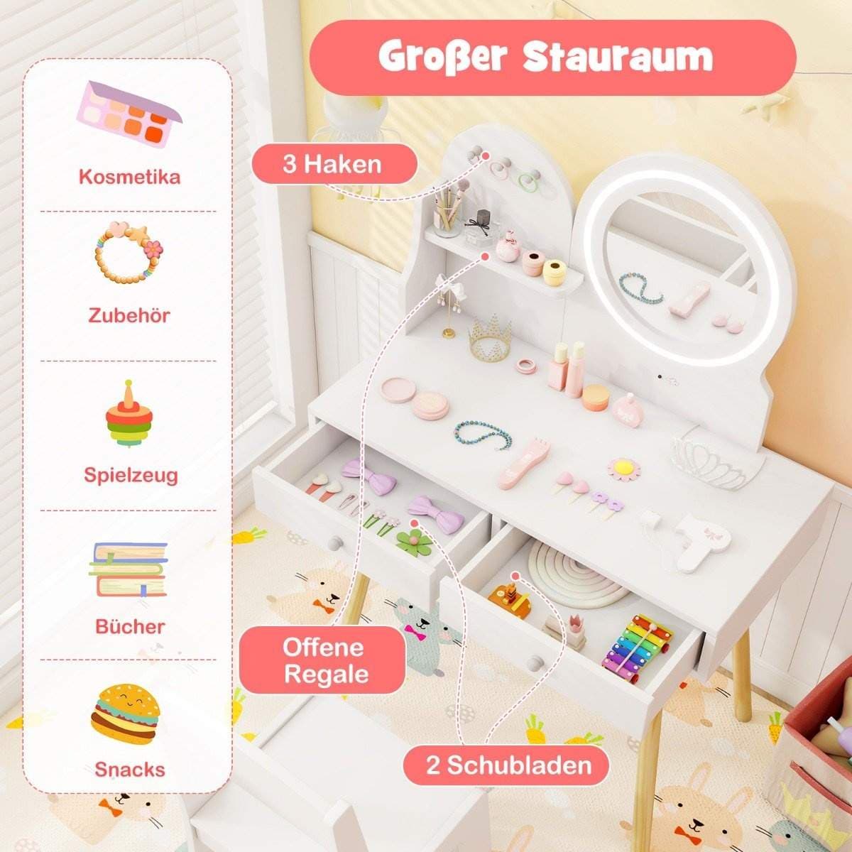 Sminkbord för barn med belysning 2 i 1 sminkbord med spegel vit