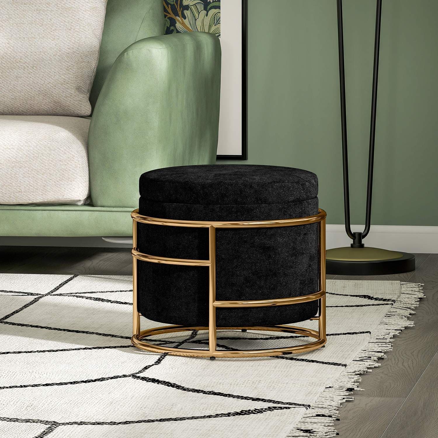 Black Velvet Storage Ottoman – 24L dolt fack view 2