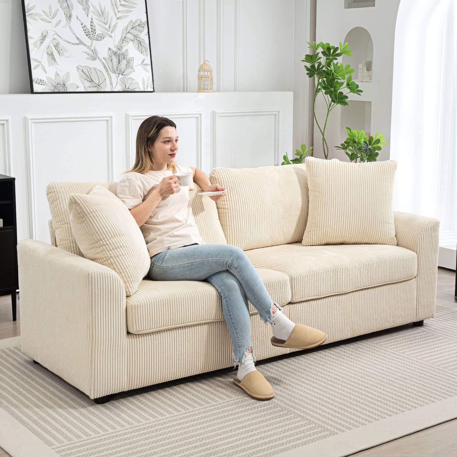 3-sits sladdsoffa med kuddar – Gräddvit, 212 cm view 2