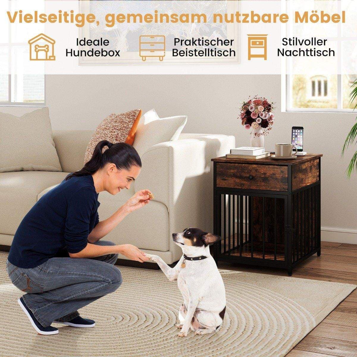Hundbursmöbler med laddstation och låda – brun