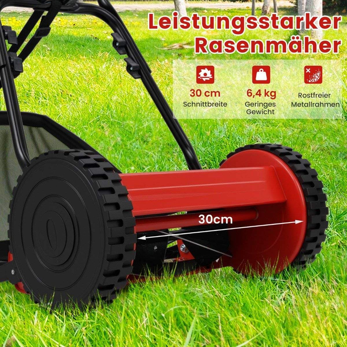 Manuell gräsklippare – 30 cm blad, 18,5 L gräsuppsamlare