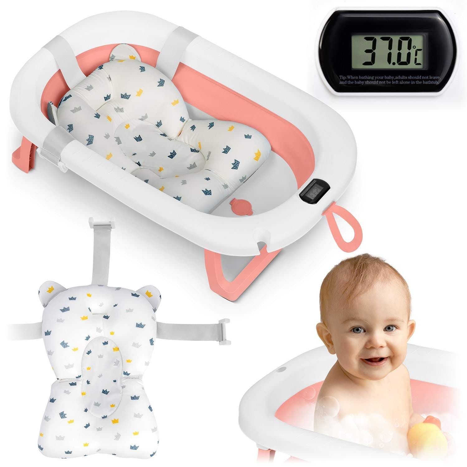 Vikbart babybadkar med termometer & insats – Vit/Rosa