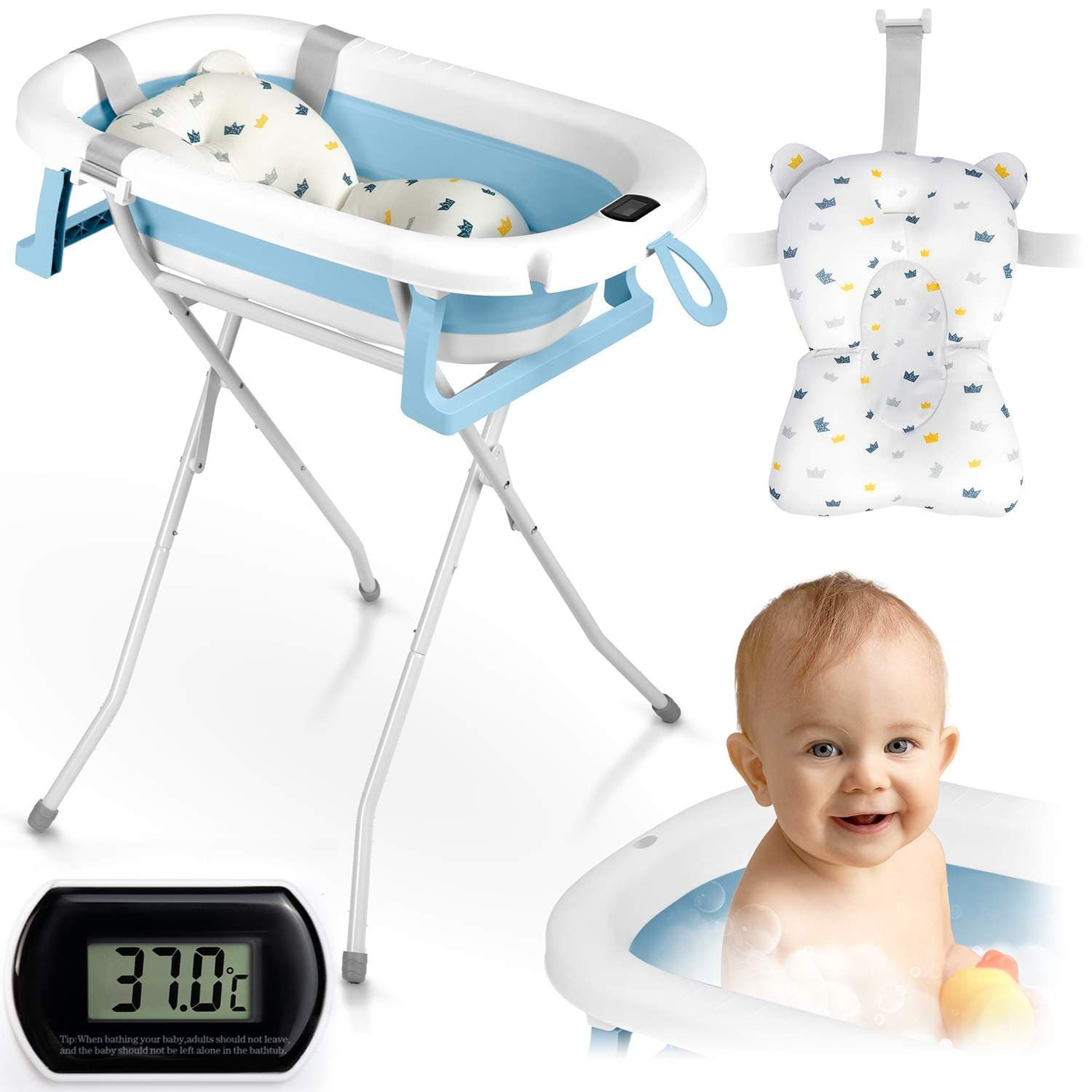 Vikbart babybadkar med stativ, termometer och insats