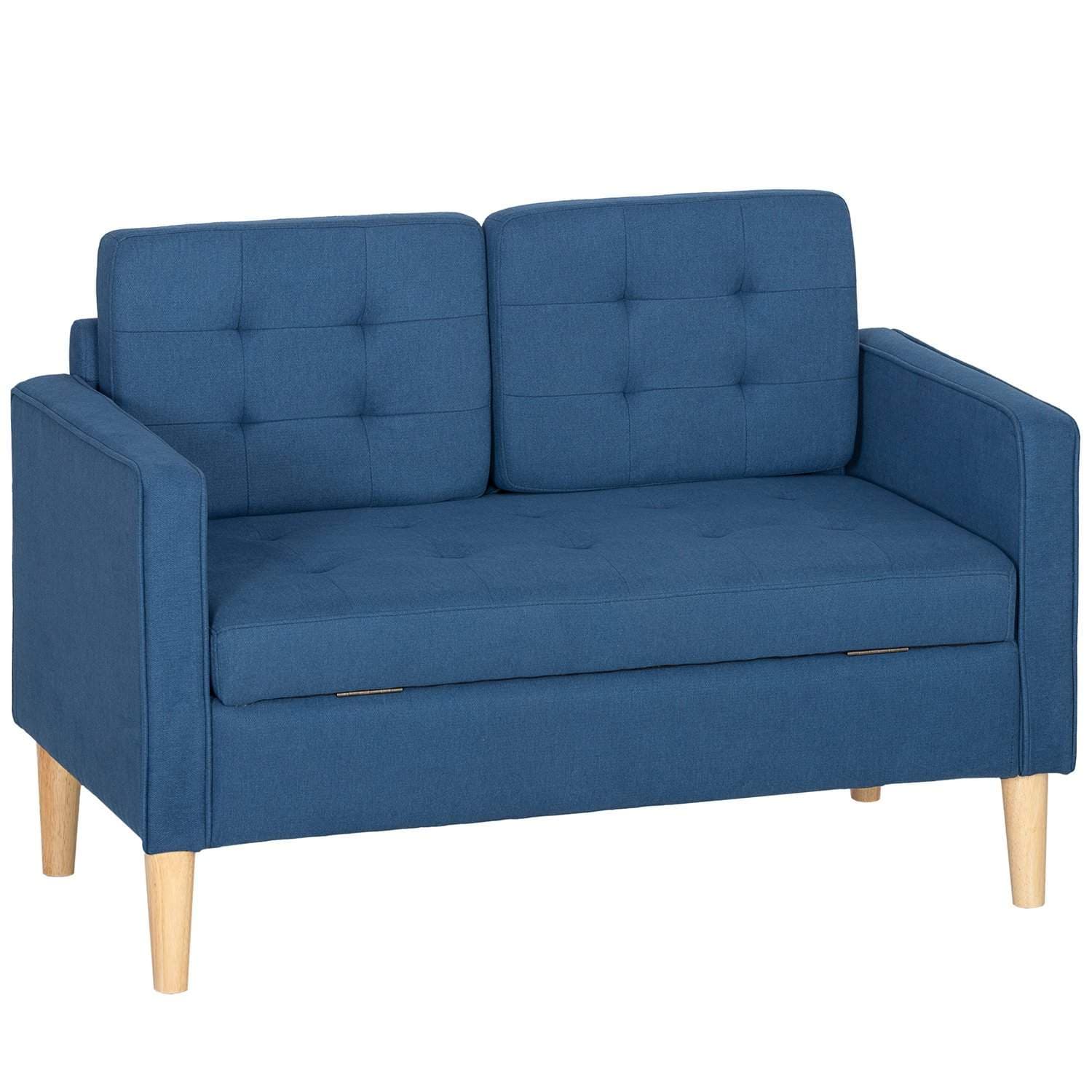 Blå 2-sits soffa med förvaring, knäppning, kuddar