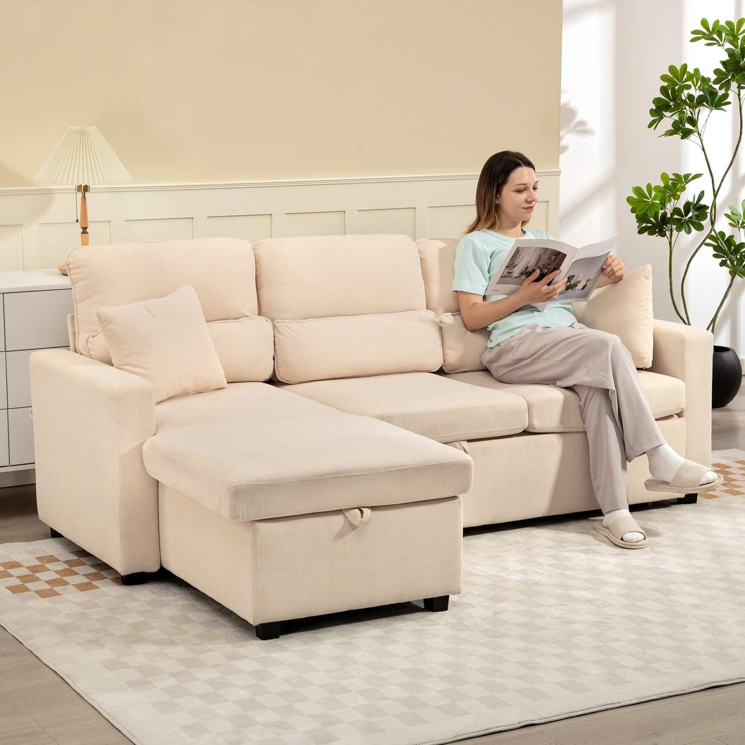 Ställbar L-formad bäddsoffa med förvaring, beige view 2