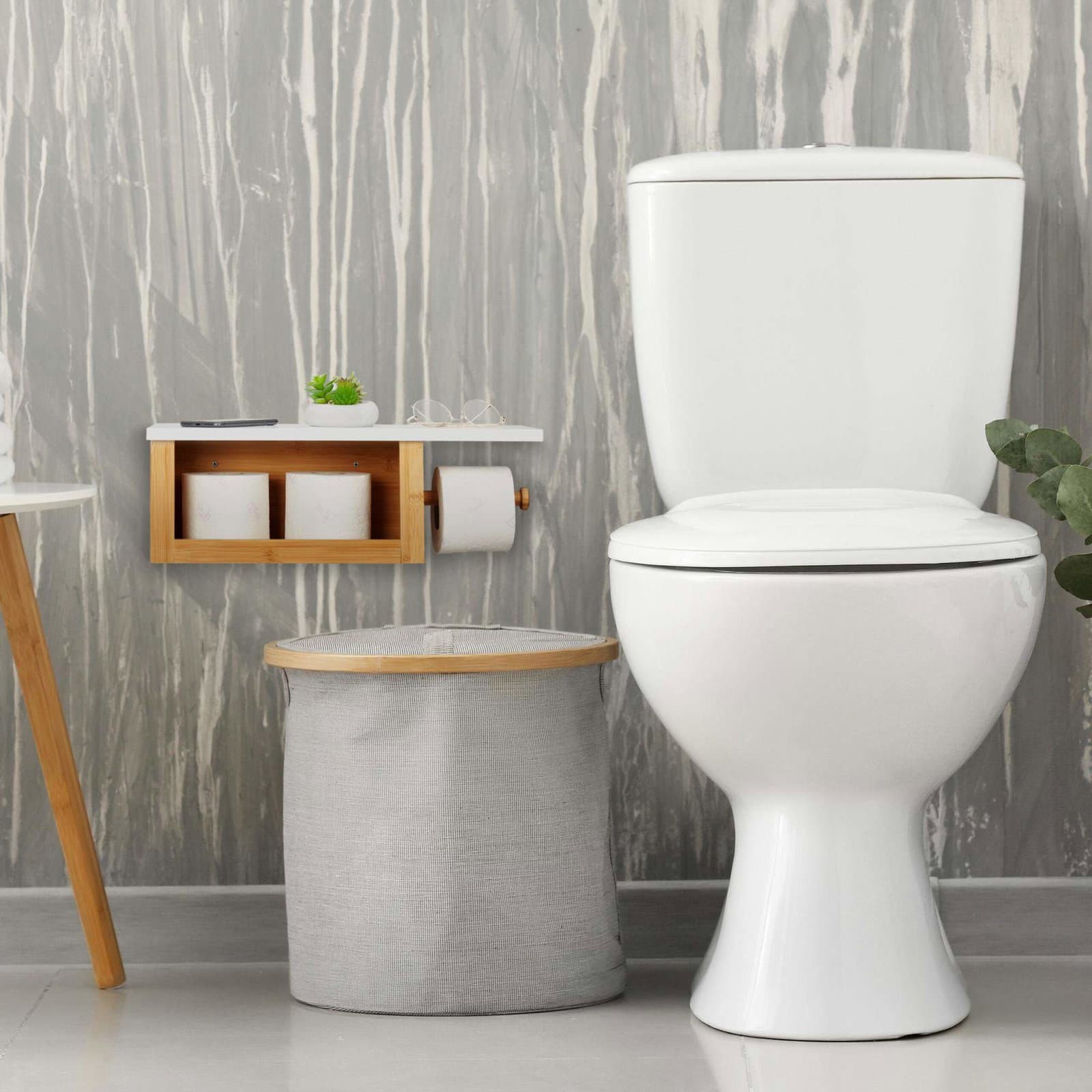 Bambu toalettpappershållare med hylla view 2