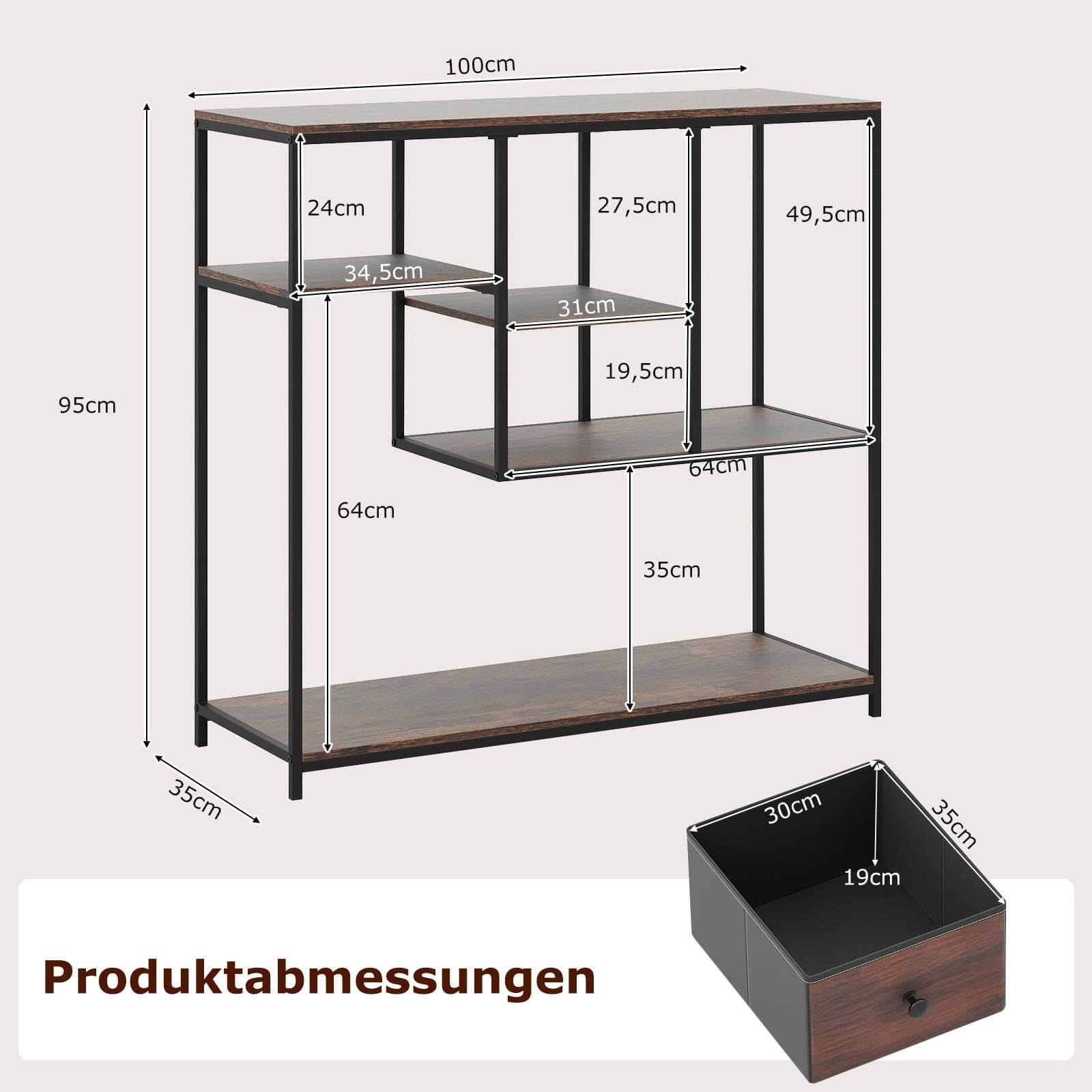 Industriellt konsolbord med förvaring – brunt, metall och trä view 2