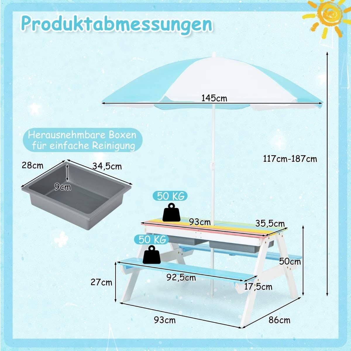 3-i-1 utomhusaktivitetsbord för barn med paraply view 2