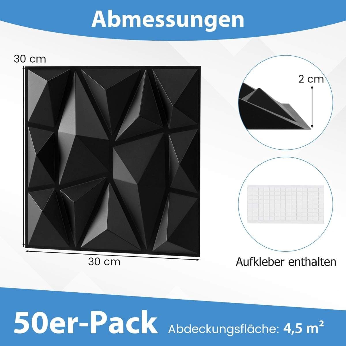 3D-diamantväggpaneler, svart PVC, 50-pack, 4,5 m² täckning view 2