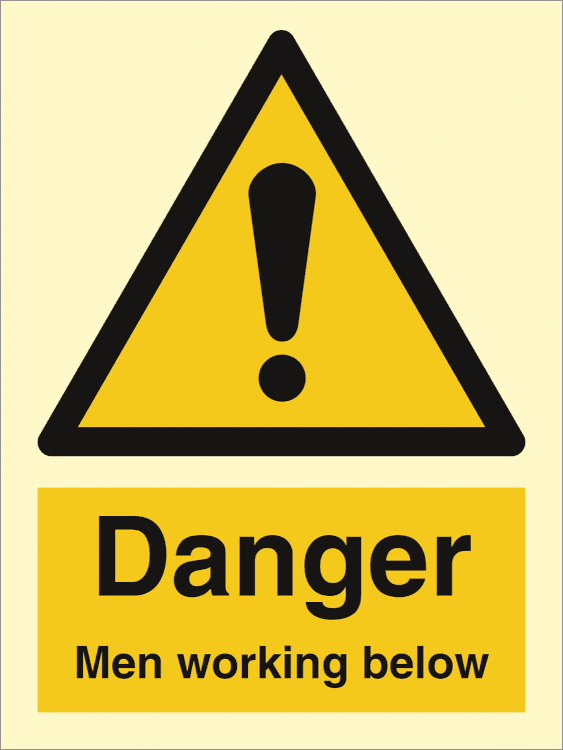Danger men working below IMO skylt - Efterlysande plast HI150 200 x 150 mm