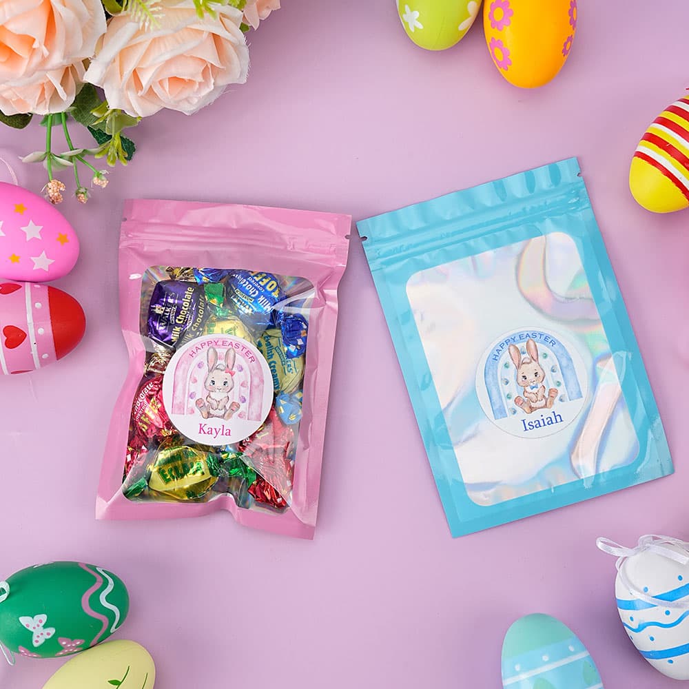Personlig Happy Easter Choklad Snack Bag och Bunny Stickers Set Party Supplies Present för barn