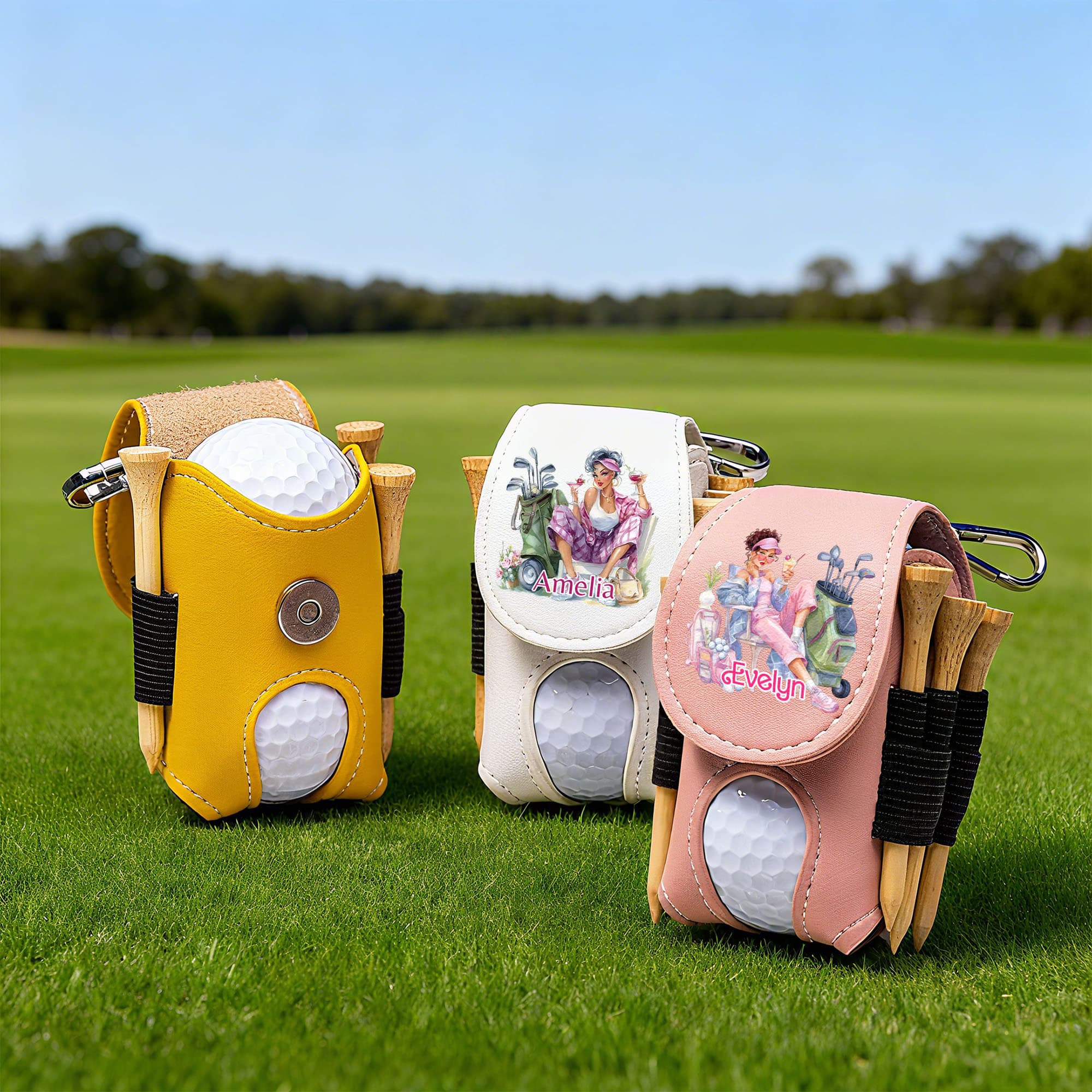 Personligt akvarell mode golfkaraktärsnamn PU läder golfbollväska med teeshållare jul födelsedag klubbgåva för kvinnor golfspelare