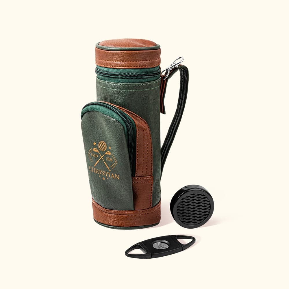Personlig PU-läder graverad monogram golfväska med cigarrskärare luftfuktare set fars dag bröllopspresent för golfälskare
