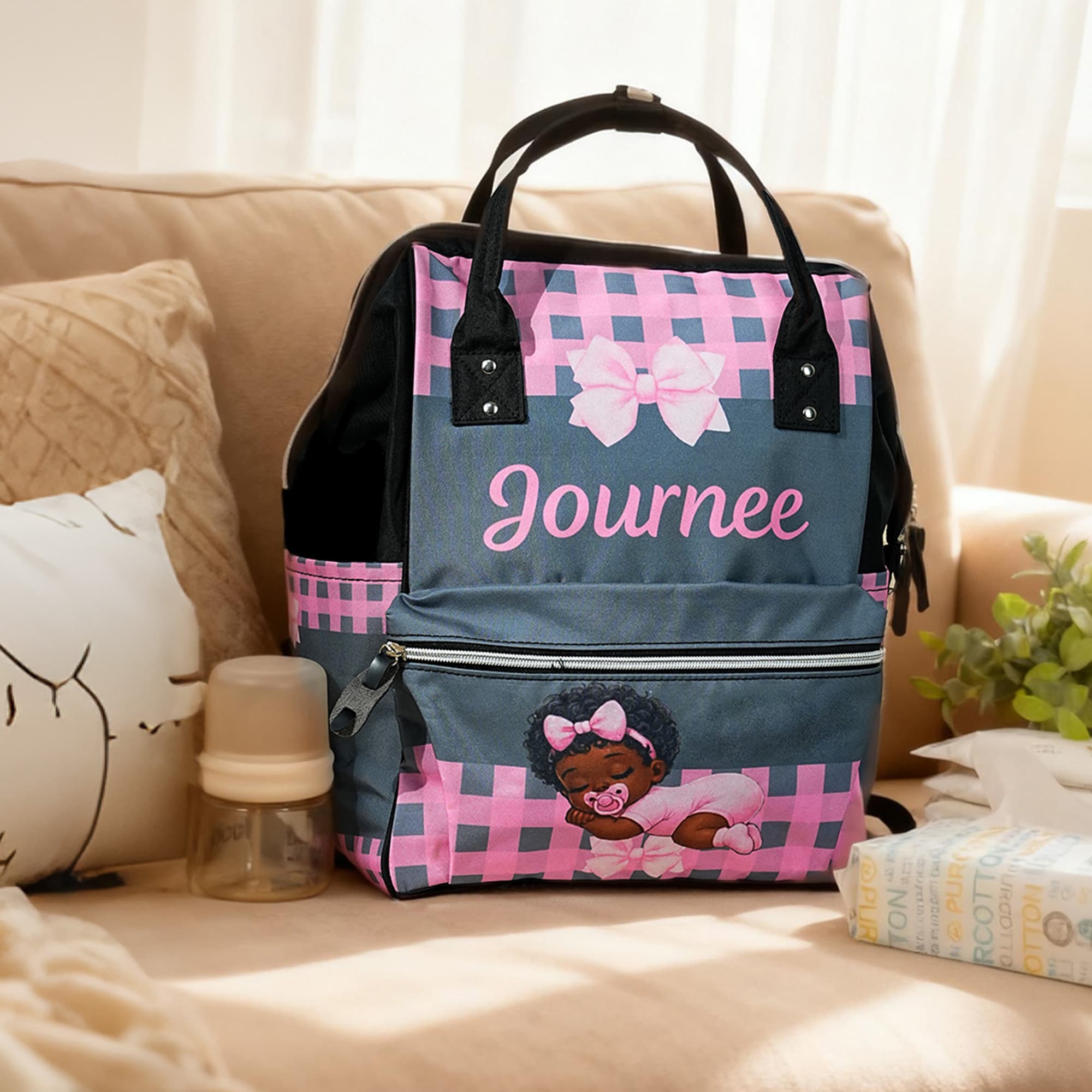 Personlig söt svart liten flicka rosa rosett stor kapacitet Canvas blöjväska med namn och handtag Baby Shower Första mors dag present till mamma