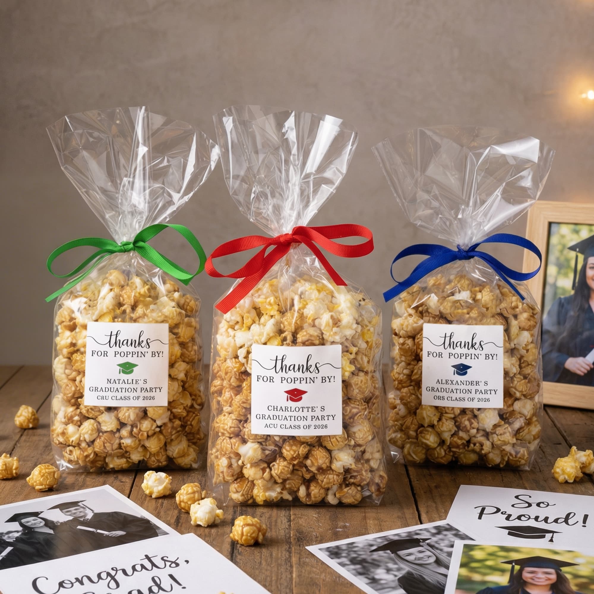 Personlig Graduation Theme Ribbon Transparent Popcorn Favor Bag med namn och år Party Favors för Graduates