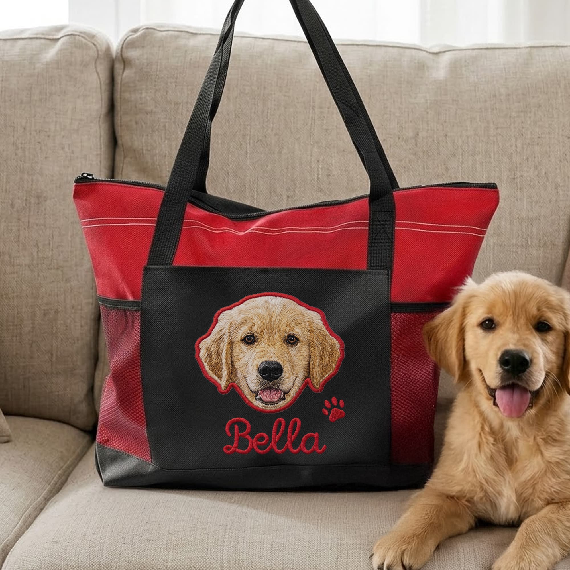 Personlig Pet Avatar Stor kapacitet Tote Bag med namn och nätfickor Födelsedagspresent för husdjursälskare Kvinnor