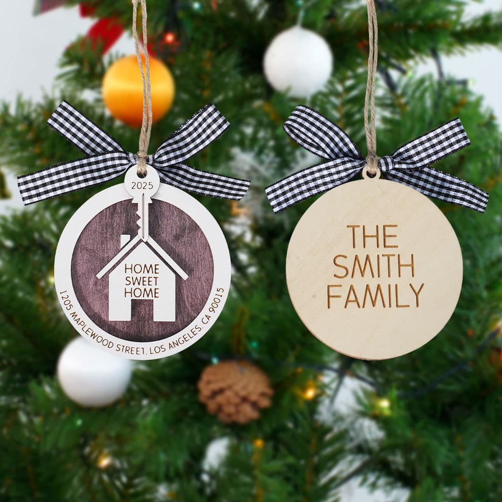 Personlig Sweet Home Randig rutig båge träprydnad med text år och nyckel Charm Heminredning Housewarming Present till familj vän