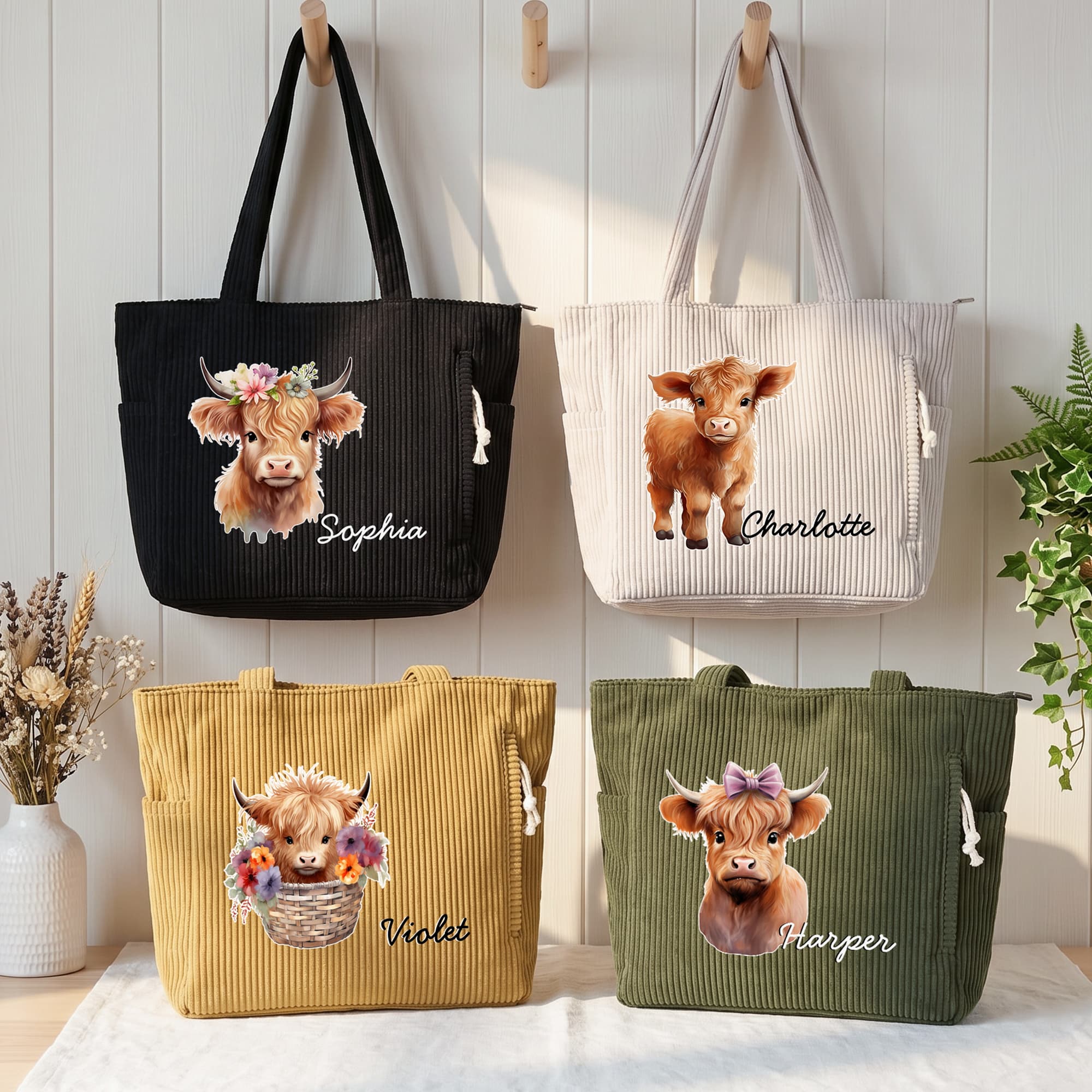 Personlig Highland Cow Stor kapacitet Corduroy Tote Bag med namn Resa Viktig födelsedagspresent för kvinna Highland Cow Lover