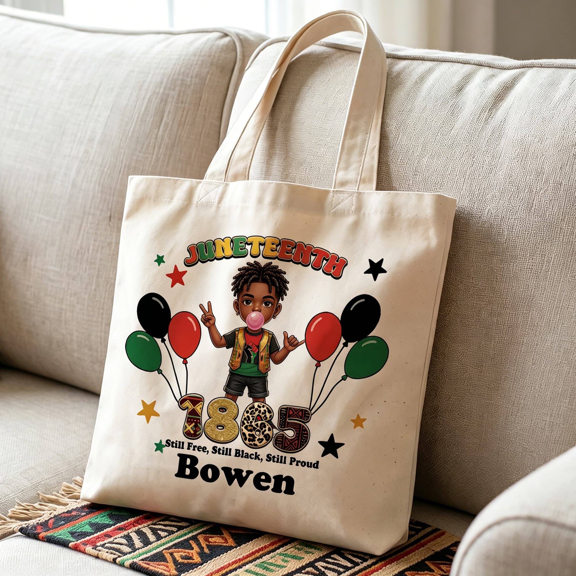 Personifierad 1865 års självständighetsdag Tecknad svart pojke flicka Karaktär Ballong Canvas Tote Bag med namn Svart självständighetsdag 1865