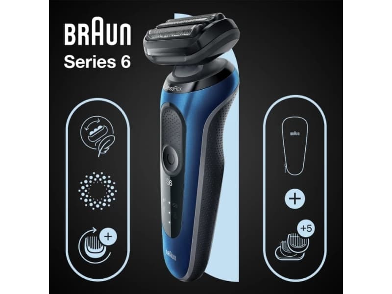 Braun Series 6 61-B1500s, Folierakapparat, Blå, Knappar, LED, Batteri, Inbyggt batteri
